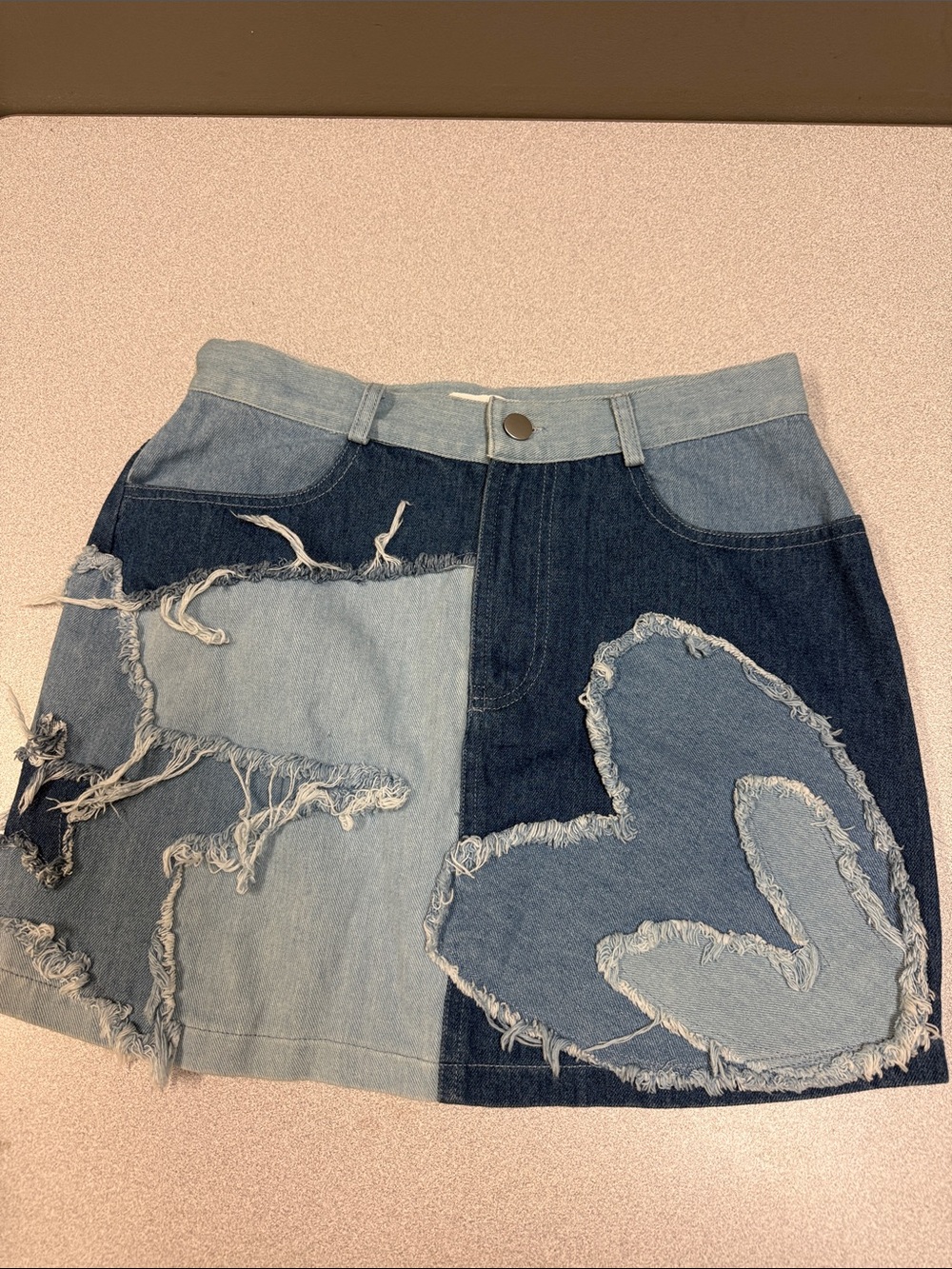 STORIA Patchwork Denim Mini Skirt Frayed Y2K Two Tone Blue Size Small